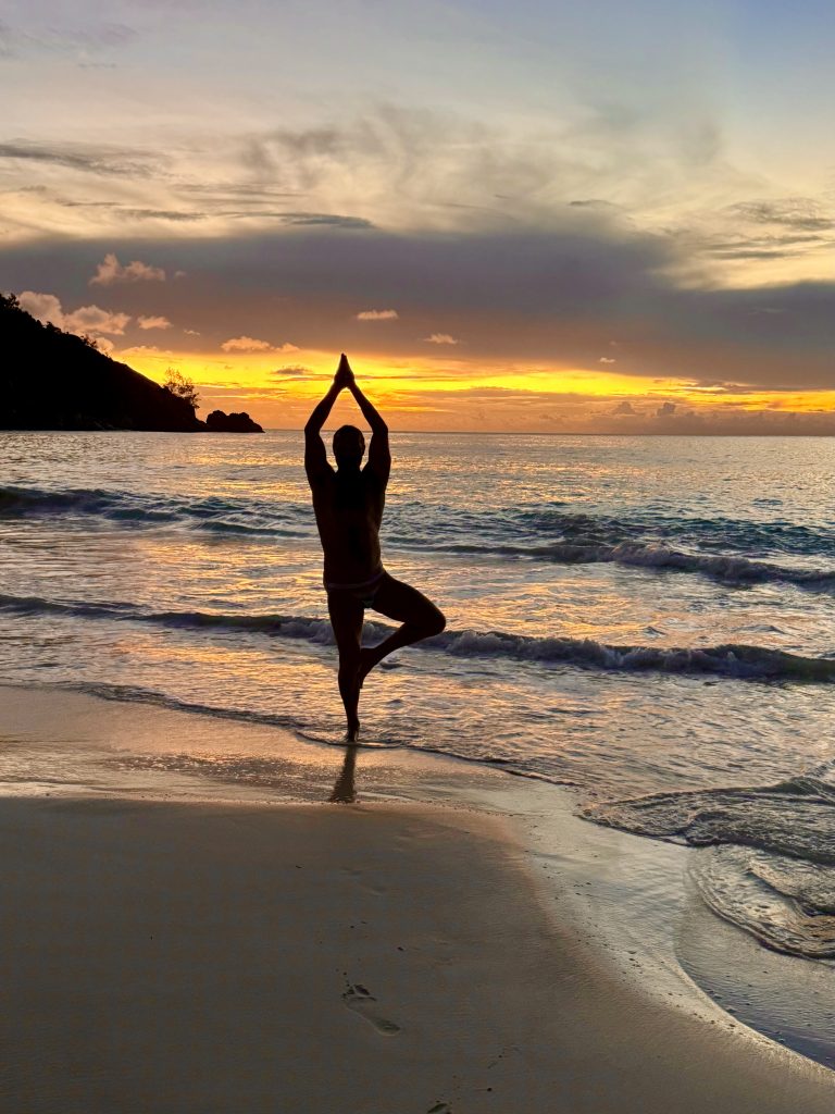 sunset tree pose at the Seychelles